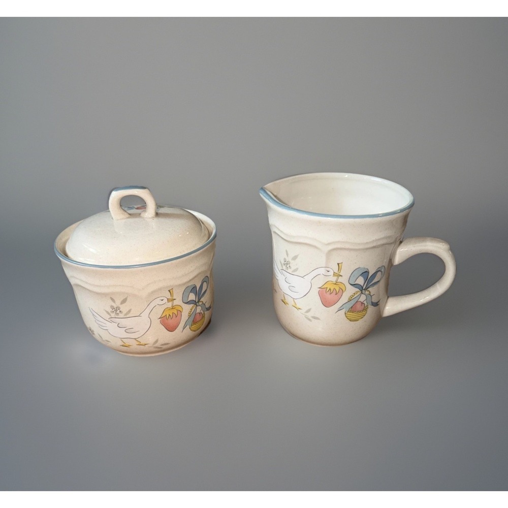 Vtg 80s International Tableworks Stoneware Geese Creamer & Sugar Bowl Lid